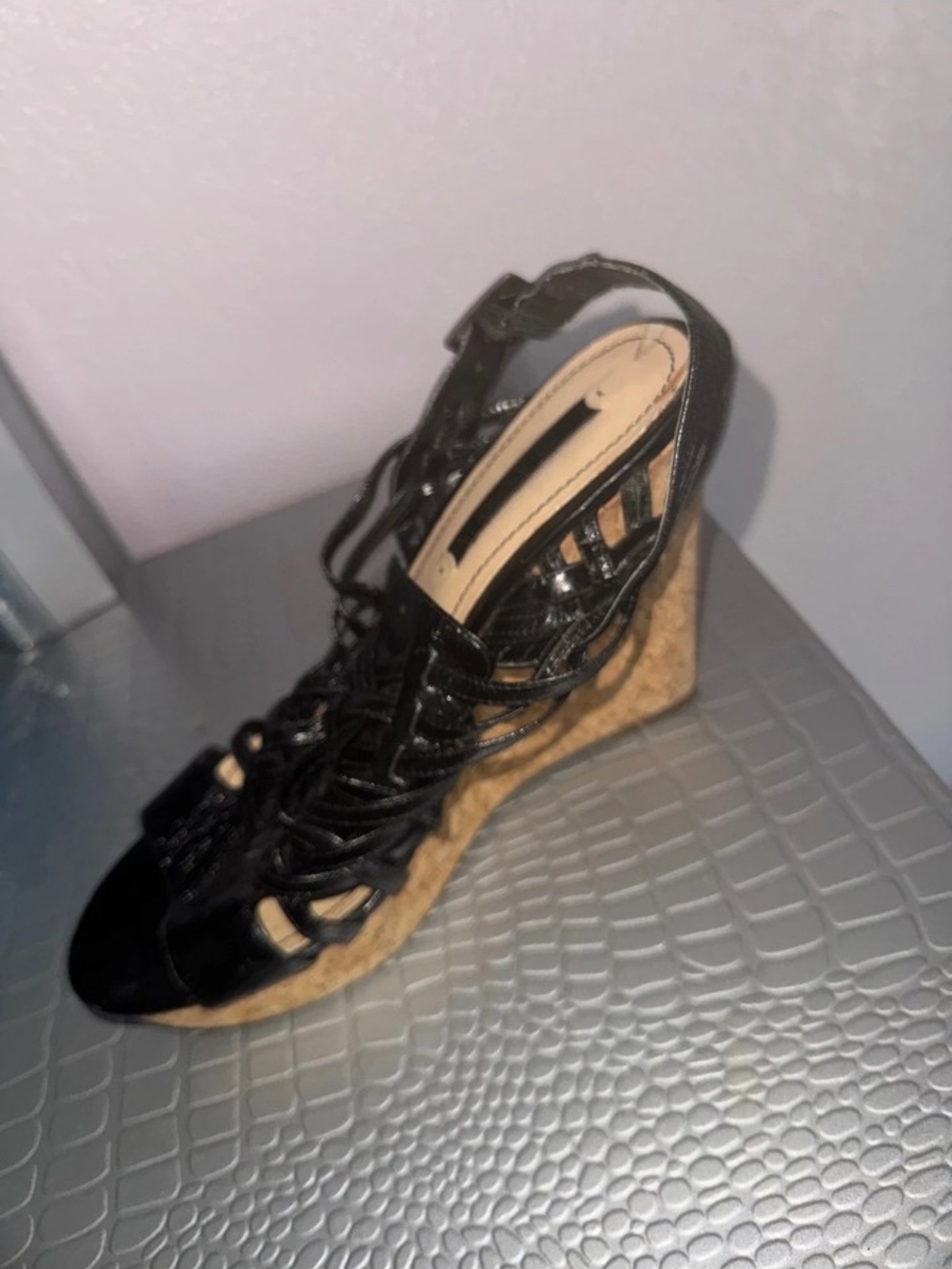 Enzo Angiolini Black Strappy Cork Wedge Sandals - Picture 3 of 5